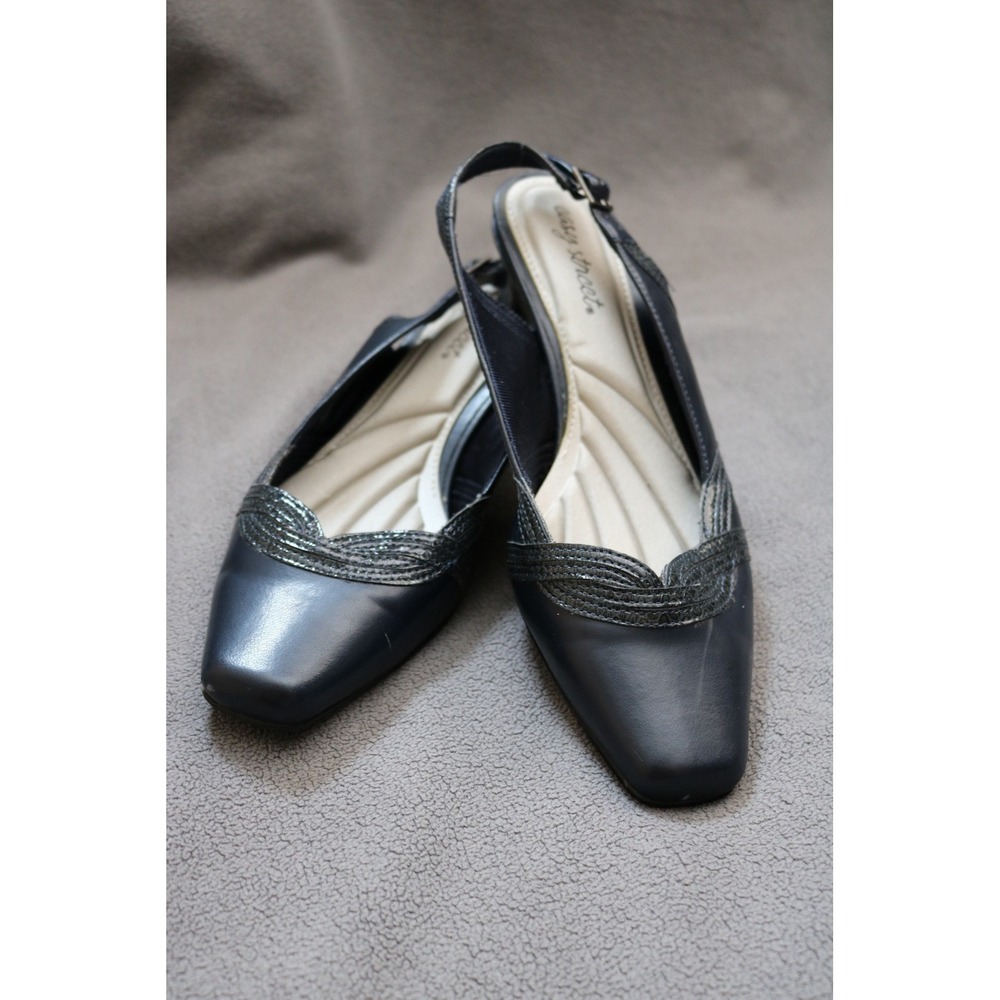 EASY STREET Kamy Slingback Pumps Women 8.5WW Navy Blue Kitten Heel Dress Shoes